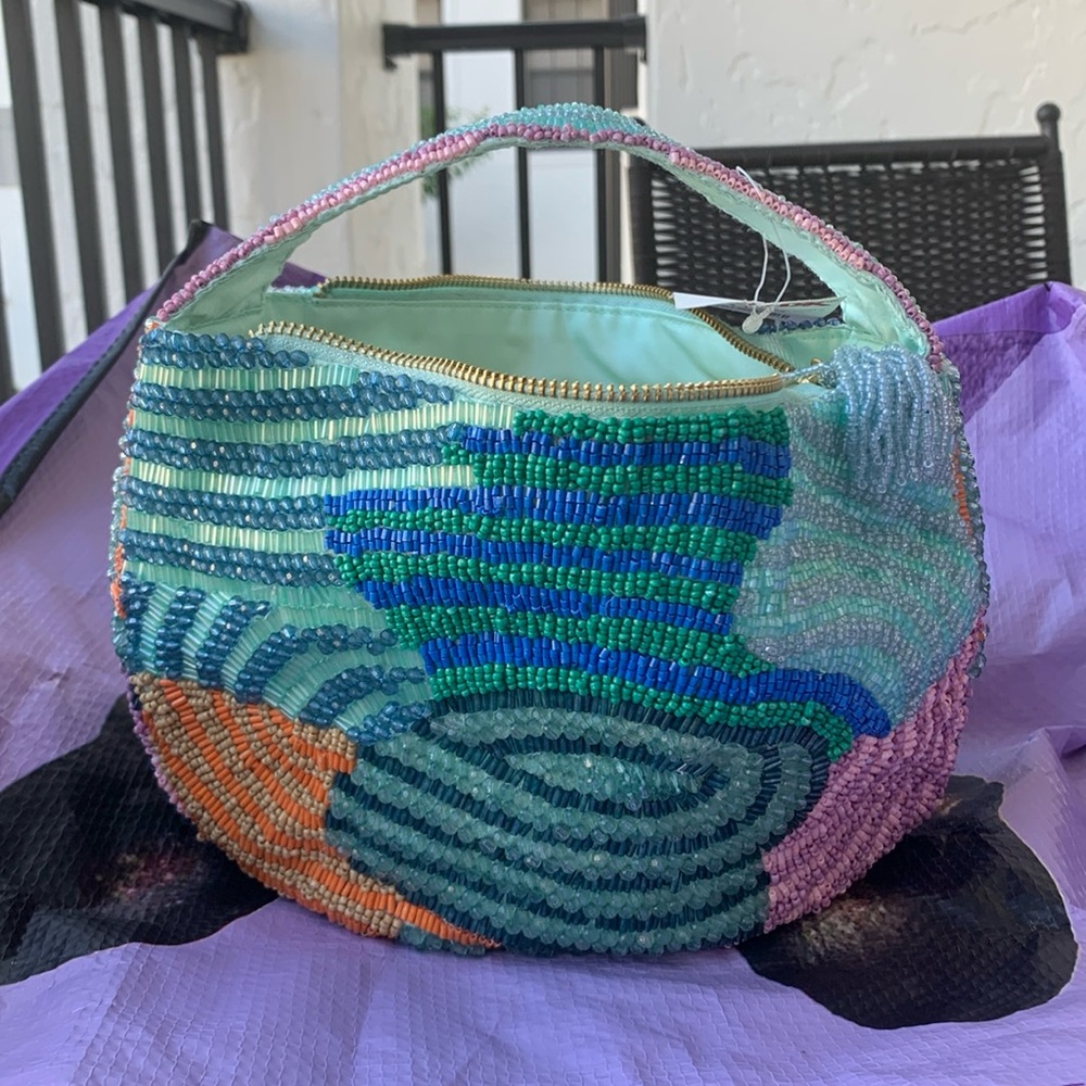 Beaded Vibrant Green and Blue Shoulder Bag with Organic Patterns